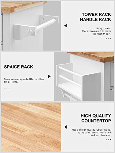 Kealive Kitchen Island on Wheels, Rolling Kitchen Island Cart with Cabinet and Lockable Castors, 2 Drawers and Spice Rack Towel Rack Rubber Wood Countertop, White, 35.5in x 17.8in x 32.3in