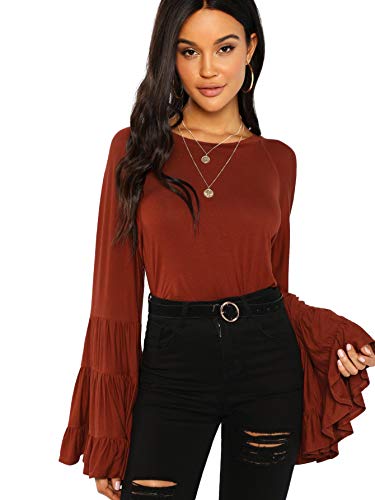 Floerns Women's Casual Ruffle Bell Sleeve Loose Blouse Shirt Tops A Brown L