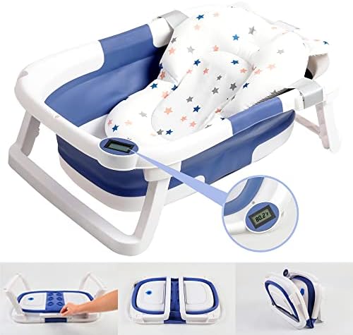 NAPEI Collapsible Baby Bathtub,Baby Bath Tub with Soft Cushion & Thermometer,Portable Travel Bathtub with Drain Hole,Durable Baby Bathtub Newborn to Toddler 0-36 Months(Blue+ Floating Soft Cushion)