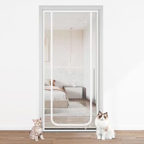 Puerta mosquitera para mascotas de 90x220 cm con reja ajustable y cremallera 4