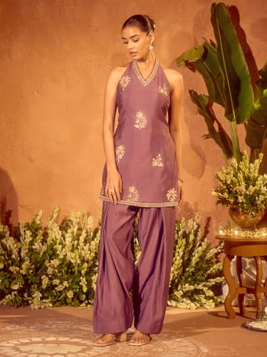 Image of FIORRA Women's Lavender Viscose Chanderi Embroidered Ethnic Straight Kurta Set with Dupatta