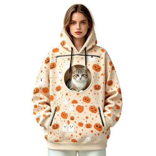 Cat Hoodie with Pouch Halloween Print Soft Pullover Tops with Zipper Pocket - image 5