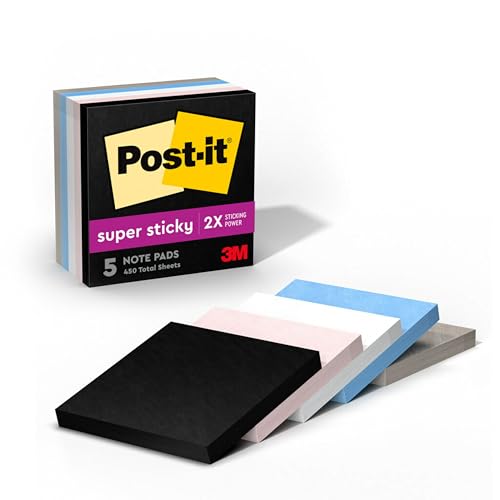 Post-it Notas superadhesivas, 5 blocs de notas, 3 x 3 pulgadas, 2 veces el poder de adherencia, suministros escolares y productos de oficina, notas adhesivas para superficies verticales, monitores