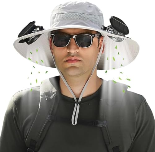 Image of Solar Powered Fan Hat for Men Women - Wide Brim Cooling Hat with 2 USB /Solar Charging Fans, Solar Fan hat - UPF50+ Sun Hat