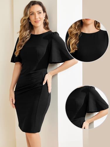 Allegra K Elegant Sheath Dress Women's Flare Pleated Short Bell Sleeve Pencil Guest Party Office Work Dress2