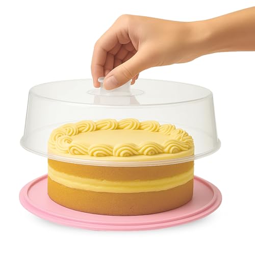 CHEFZOCO Portatartas de plástico, Recipiente redondo para tartas con tapa alta, Bandeja para Pasteles, Tartera plástico, Recipiente transporte repostería, 32 cm diámetro x 9 cm altura, Rosa