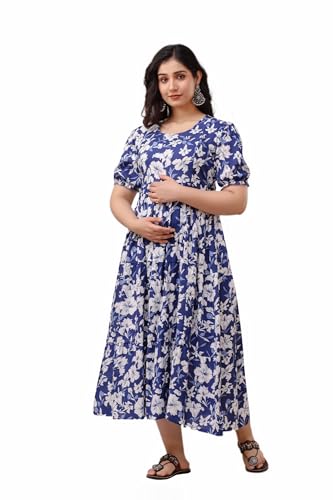 Image of Women's Rayon Anarkali Maternity Ankle Length Dress, Pregnancy Dress,Feeding Kurti,Easy Brest Feeding Dress, with Both Side 9 inch Zipper and Belt