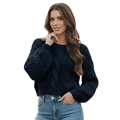 Grewear Women's Cropped Cable Knit Sweater, Soft Long Sleeve Crewneck
