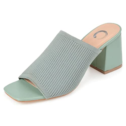 Journee Square Open Toe Chunky Block Heel Knit Slip-On Pump for Women - Lorenna Heeled Fashion Mule Green, 8 Wide