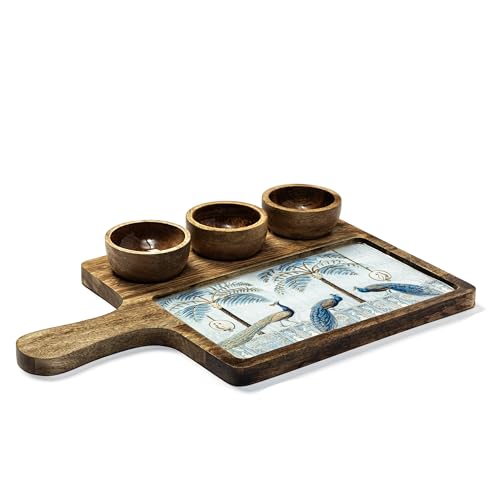 Image of Handcrafted Mango Wood Serving Platter with 3 Dip Bowls | Traditional Print | Waterproof, Heat-Resistant, Food-Safe Lacquer Finish | 15.5 x 10 Inch | Made in India (MgPlwith3Bowl-BlueGoldPeacock)