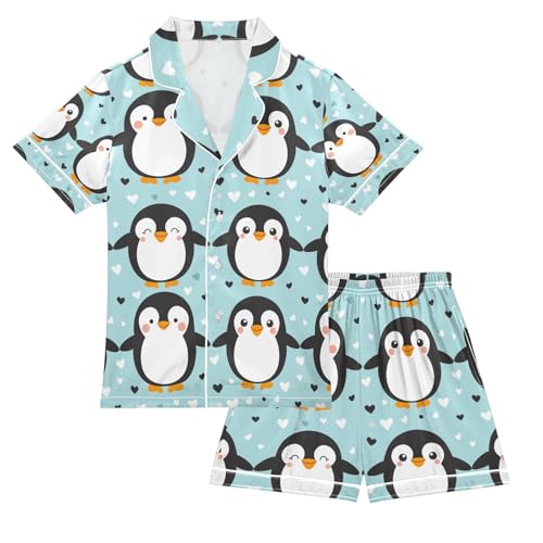 Penguin Holding Hands Satin Summer Pajama Sets Silk Short Sleeve Button Down Sleepwear