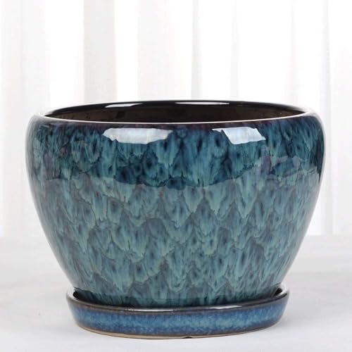 BLOOHK Maceta de cerámica con platillo, Maceta esmaltada reactiva Azul Pavo Real, Moderna Esmalte por Goteo for Plantas Interior y suculentas(Caliber:17.5CM)