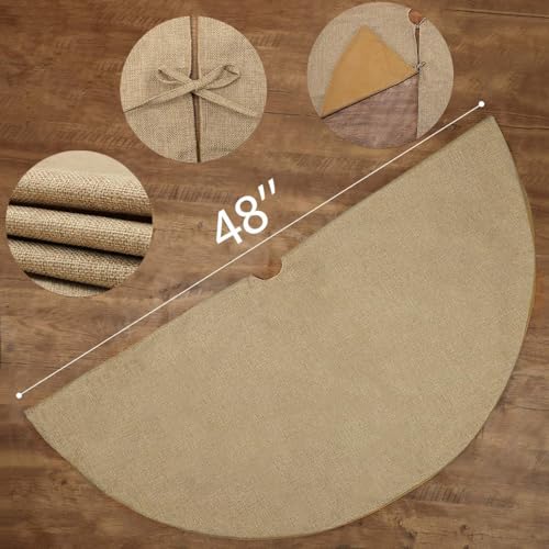 Yuboo 48 Inch Burlap Christmas Tree Skirt, Brown Jute Linen Tree Mat, Rustic Farmhouse Boho Tree Skirt with Ties for Holiday Tree Decor — view 4
