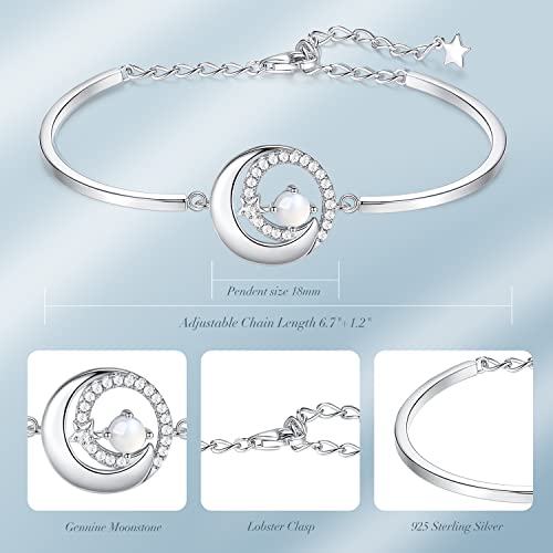 Fancime Genuine Moonstone Bracelets June Birthstone 925 Sterling Silver Moon And Star Bangle Charm Bracelet Gemstone Fine Jewelry Birthday Christmas Gifts For Women Girls Her, 6.7"+1.2" Extend #TOP4