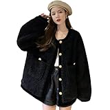 [JINZUOMA] レディース コート ファーコート ジャケット トップス 毛皮コート アウター 秋 冬 長袖 ファッション ゆったり 裏起毛 暖かい 保温 防寒 女性用 上着 ホワイト ブラック (ブラック,L)