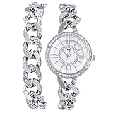 CdyBox Lady Diamond Watch Women Chain Link Watch Set Bracelet Model Quartz Wirstwatch Bracelet Set (Silver)