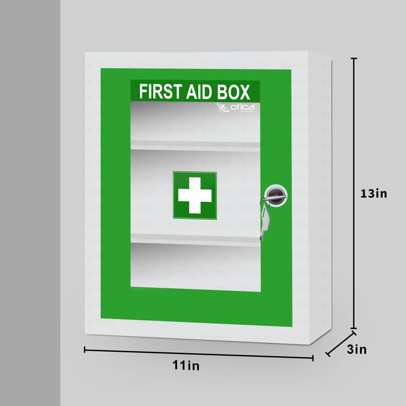 Image of OTICA First Aid Box Emergency Medical Kit for Medicine Storage Multi Compartment First Aid Kit Box for Home, School, Office with Key Lock, Big Size, Wall Mount (Green)
