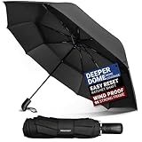 Prostorm Vented Travel Umbrella | Strong Compact Windproof Umbrella | Deep Dome Coverage | Automatic Open/Close | Portable Pop Up with Large Coverage | Fits Car & Backpack (Black)