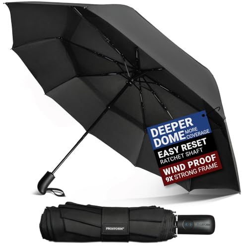 Prostorm Vented Travel Umbrella | Strong Compact Windproof Umbrella | Deep Dome Coverage | Automatic Open/Close | Portable Pop Up with Large Coverage | Fits Car & Backpack (Black)