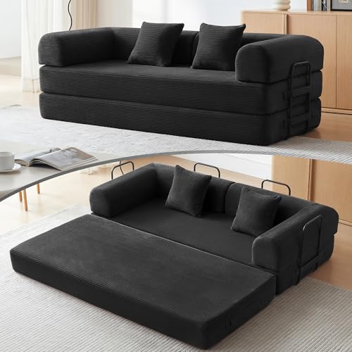 QQR Convertible Sleeper Bed with 2 Cylindrical Pillow, Comfy Foldable Bed Compressed Sofa in Box, Floor Sofa Lounge Couch for Living Room Bedroom Lounge Studio, Tool-Free Assembly (Black)