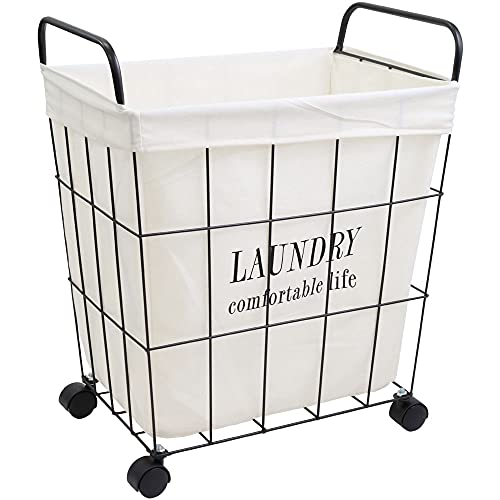 SUGGEST ワイヤーバスケット ランドリーバスケット キャスター付き 大容量 45×32×51cm スチール 洗濯カゴ 脱衣所 リビング 寝室 バルコニー