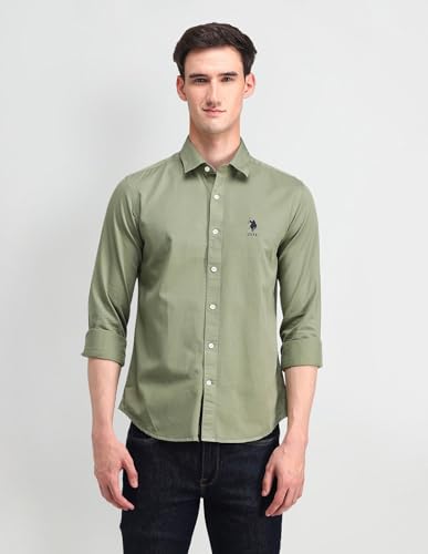Image of U.S. Polo ASSN. Solid Slim Fit Shirts for Men - 100% Cotton, Full Sleeve Mens Casual Shirts