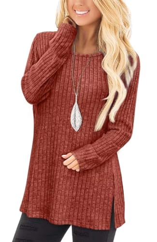 Jescakoo Damen Pullover Herbst Rundhals Langarmshirt Leichtes Oversize Sweatshirt Elegant Winter Strickpullover Karamell XXL