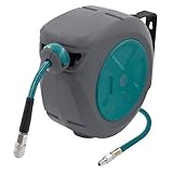 ECD Germany Druckluftschlauchtrommel 10m+1m, Automatischer Aufroller mit Arretierfunktion, 1/4" Anschluss, Schnellkupplung, 15 bar, 180° schwenkbar, Ø12mm, Automatik Schlauchaufroller für Wandmontage