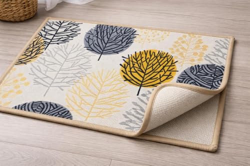 Image of Matz & More Nylon Tufted Gel Baking Anti-Slip Floor Mat | 40 x 60 cm | Beige & Yellow Floral Design | Doormat for Home Entrance, Kitchen & Bedroom