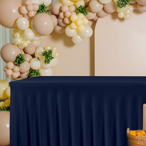 Image of HolidayIdeas 4ft Spandex Tablecloth 2 Pack Fitted Stretch Table Skirts 24x48 Inch,Navy Blue Ruffle Design Wrinkle-Free Polyester Table Cover for Vendor Booth, Parties Banquets, Events