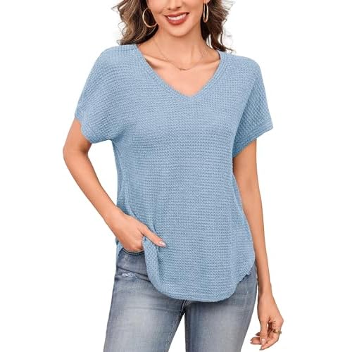 Totatuit Women's Summer Waffle Knit Tops V Neck Short Sleeve Casual Shirts Loose Fit Curved Hem Blouses Soft Lightweight Basic T-Shirts