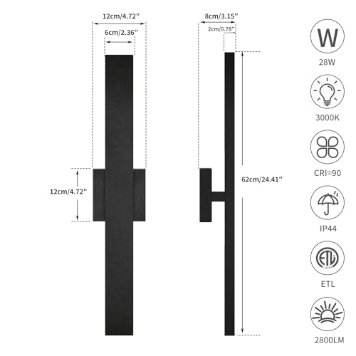 Image of Aluminum Modern LED Wall sconces 2 Pack, 24.4 inch Matte Black Waterproof Wall Lights with 28W LED Light Source for Indoor,Outdoor,Living Room,Bedroom,Garage,Porch,Hallway