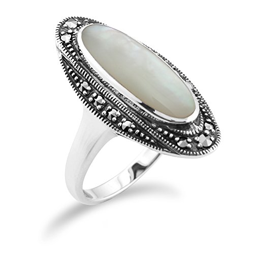 Bague art déco Gemondo en argent 925 sertie de nacre de 1.30ct et marcassite