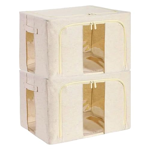 Image of PRIME PICK Storage Box & Cloth Organiser Pack of 2 XXL clothes organizer Cotton Jute Wardrobe Organizer for Storage Foldable Washable Box with Lid Metal Frame & Handles Ideal for Almirah Drawer etc.