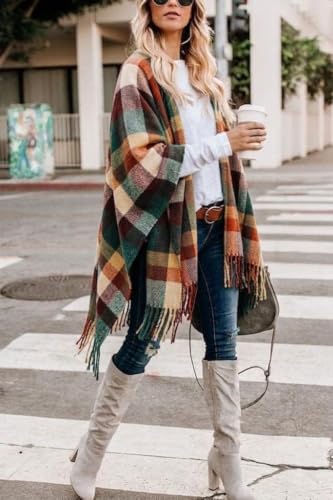 Image of Bestshe Women's Boho Open Front Poncho Plaid Shawl Wrap Cape