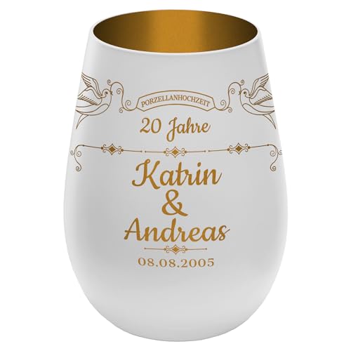 Windlicht mit Gravur''20 Jahre Porzellanhochzeit'' - Weiß/Gold - Glas Teelichthalter personalisierbar mit Wunschtext - Geschenk zu Hochzeit...