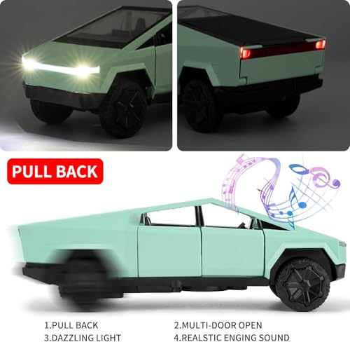 Image of DEOXY 1:32 Scale Tesla Cybertruck Model Collection Enthusiasts Toy Pull Back Pick-Up Truck with Sound and Light, Alloy Diecast Cyber-Truck Toys for Kids Gift (Not Including Mini Car - Green)