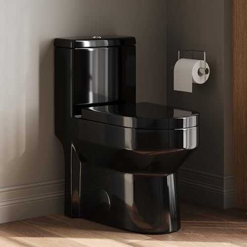 DeerValley Compact One Piece Toilet Standard Seat Height for Small Bathroom Dual Flush 1.1/1.6 GPF Powerful and Quiet 12 Rough-In Skirted Toilet