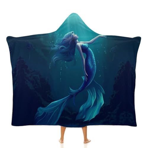 Cape à capuche bleue imprimé sirène plaid de voyage et bureau