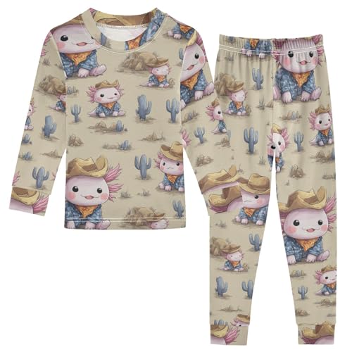 Pajama Sets Long Sleeve Cute Axolotl Cowboy Pattern Soft Comfy Sleepwear 2 Piece PJS 3-8T