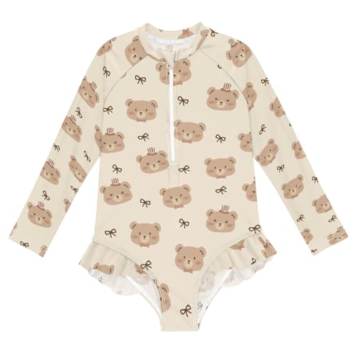 Cute Brown Bears Print Girls One Piece Rash Guard Swimsuit, Girls Long Sleeve Swimwear for 3-12Y