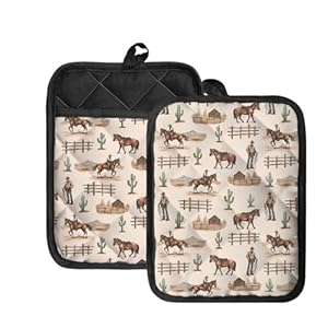 WELLFLYHOM Western Cowboy Pot Holder 2 Pack Heat Resistant Hot Pads with Pockets Southwest Aztec Potholder Multipurpose Oven Mitts Kitchen Gloves Baking Cooking Bag 74×96