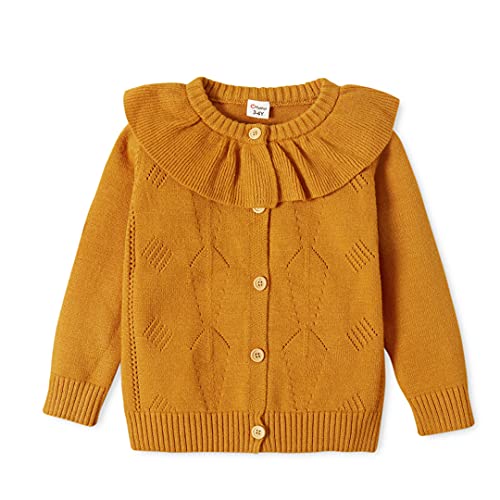 Toddler Girl Flounce Collar Button Design Yellow Knit Sweater2