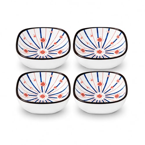 Image of Japanese Ceramic Bowl Set of 4 | 200ml for Dips, Snacks & Desserts Square Serving Bowls | Microwave & Dishwasher Safe, Small Bowls for Sauce, Ramen, Fruits & Side Dishes (Sakura Burst)