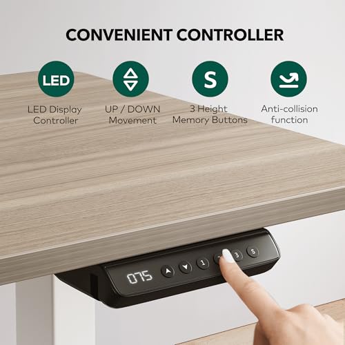 Image of FEZIBO 63 inch L Shaped Standing Desk Height Adjustable, Sit Stand Home Office Desk with Splice Board, Electric Stand up Corner Desk, White Frame /Light Walnut Top