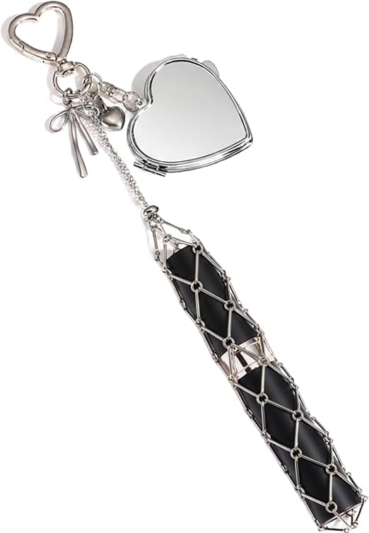 Image of Lipstick Holder Keychain,with Mirror Set with Heart Shape Clasp and Metal Mesh Pouch for Bag Charm Decoration, Portable Cosmetic Case for Women and Girls