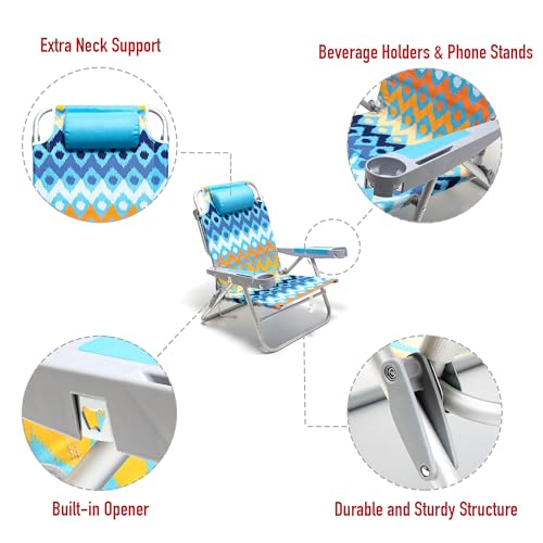 Image of SUNNYFEEL Extra Wide 28 inch Low Beach Chair 5 Position Lay Flat, XL Oversized Portable Folding Camping Chairs with Cup Holder for Outdoor /Trip, Lightweight Foldable Backpack Beach Chair for Adults