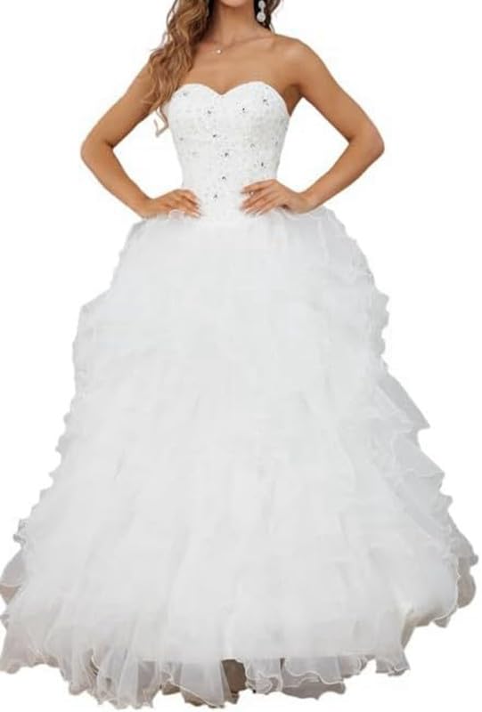 Women's Elegant Strapless Wedding Dress, Lace, Sweetheart Neckline, Beaded Bodice, Ruffled Tulle Ball Gown
