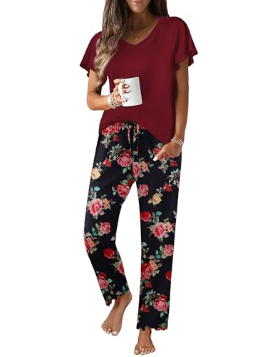 Image of Ekouaer Pajama Sets Womens Short Sleeve Sleepwear Long Pants Pjs 2 Piece Lounge Set Soft Nightwear S-XXL