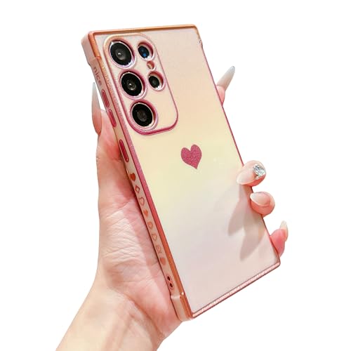 phylla for Samsung Galaxy S25 Ultra 6.9" 5g Phone Case Luxury Plated Cute Heart Iridescent Rainbow Laser Protective Cover Camera Protection Soft Silicone Shockproof Side Elegant Love Bumper (Pink)